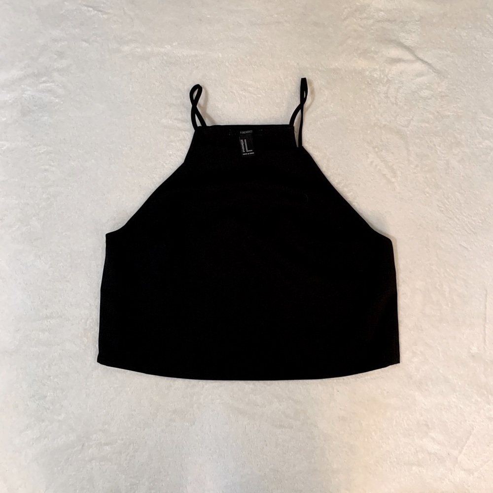 High Neck Open Back Black Crop Top